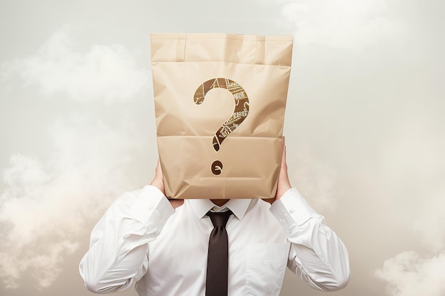 A businessman with a package on his head hid his head Question mark solution idea Generative AI