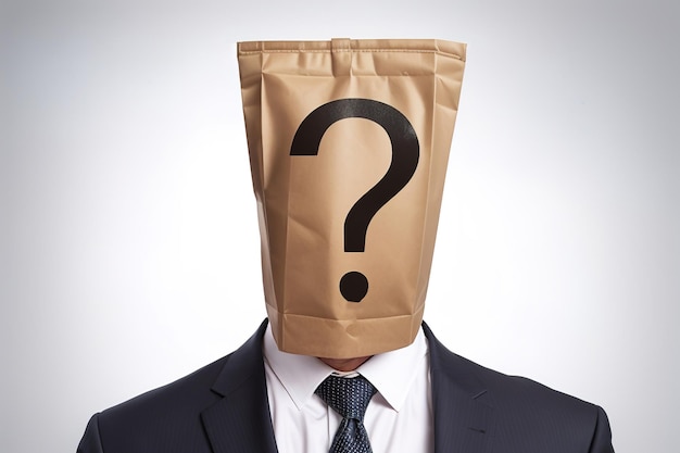 A businessman with a package on his head hid his head Question mark solution idea Generative AI