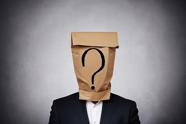 A businessman with a package on his head hid his head Question mark solution idea Generative AI