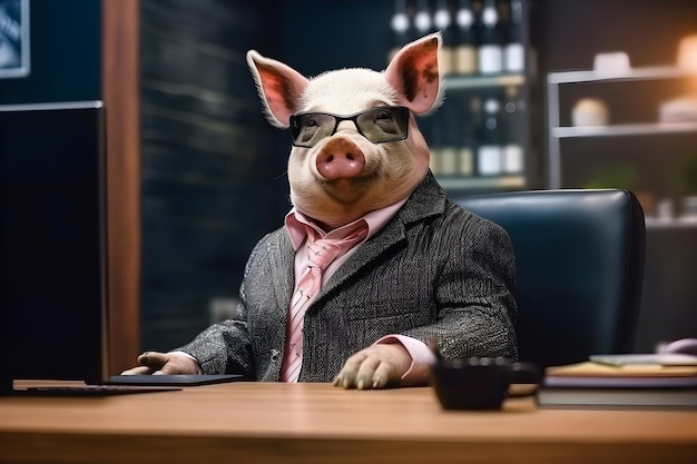 Businessman with pig head smiling and smoking with lots of money on the table Portrait of a fat man in a business suit concept evil corruption