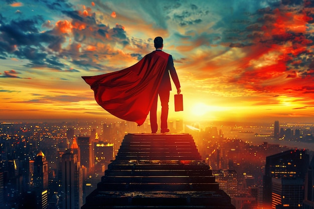 A businessman with a red cape and briefcase walking on the stairway to success sunset sky