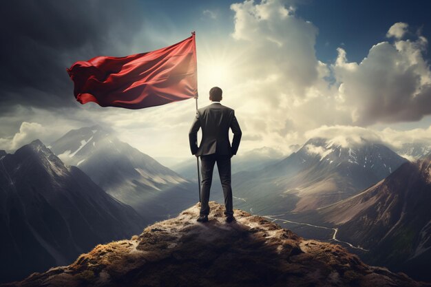 Businessman with red flag standing on mountain top Sky background Leadership Generated AI