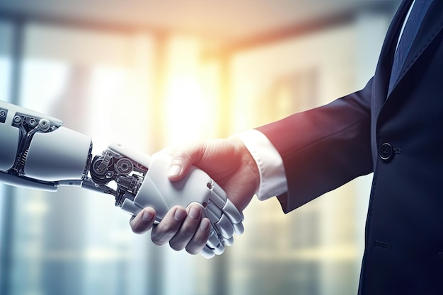 Photo businessman with robot ai android handshake partnership deal generative ai