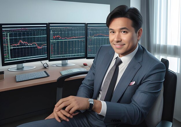 Businessman with stock exchange stock charts in background Generative AI