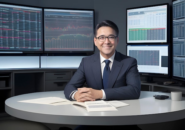 Businessman with stock exchange stock charts in background Generative AI