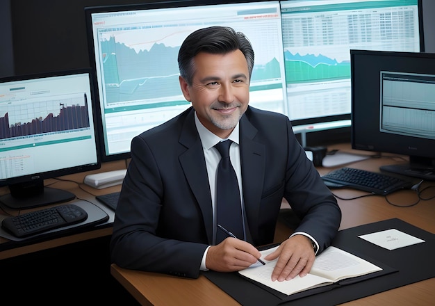 Businessman with stock exchange stock charts in background Generative AI