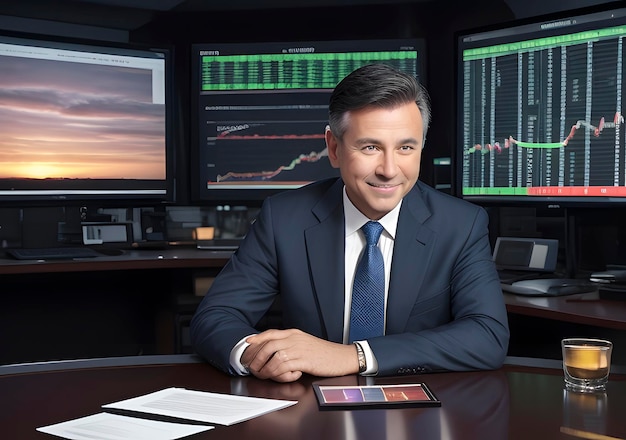 Businessman with stock exchange stock charts in background Generative AI