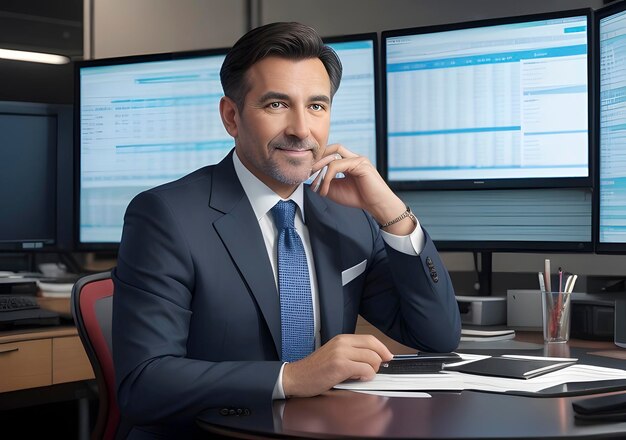 Photo businessman with stock exchange stock charts in background generative ai