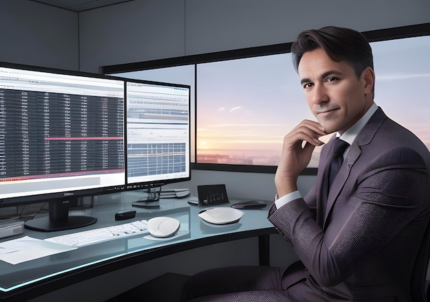 Photo businessman with stock exchange stock charts in background generative ai