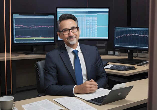 Photo businessman with stock exchange stock charts in background generative ai