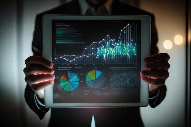 Businessman with tablet and charts Illustration AI Generative