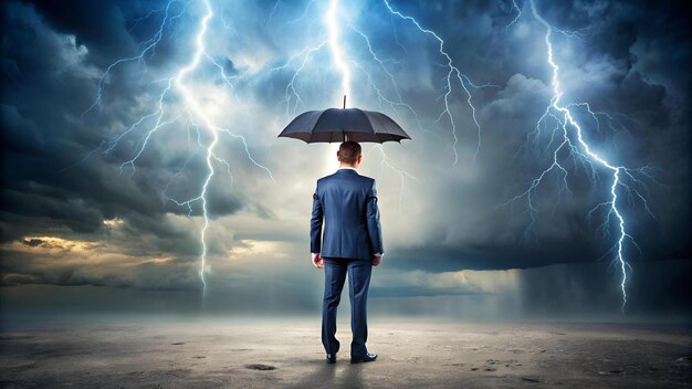 Photo businessman with umbrella standing in front of storm