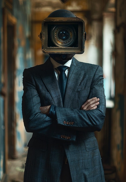 Businessman with vintage camera instead of head