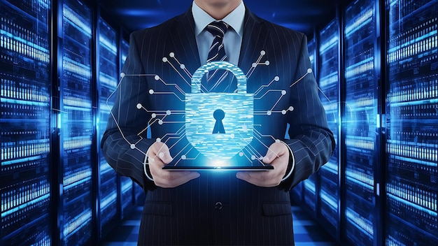 Businessman with virtual cyber security technology and online data protection for security