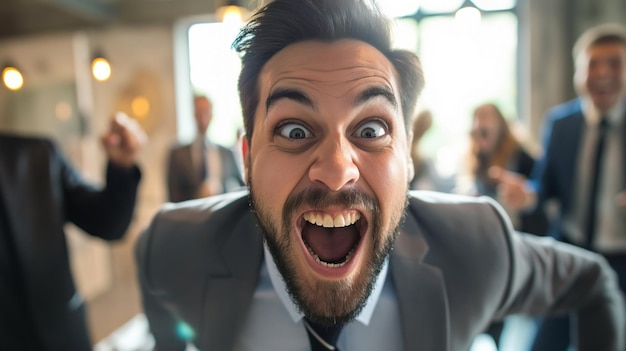 A businessman with a wide excited grin shouts towards the camera in a bustling office setting