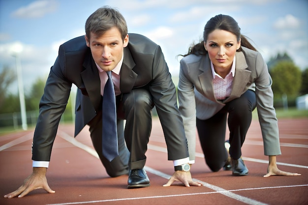 Photo businessman and woman in suit ready to run at start point successful business concept