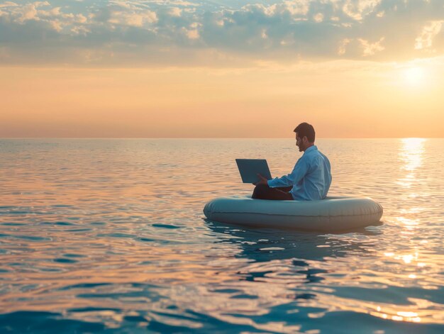 Photo businessman working on a computer and sitting on an air mattress on the sea in the soft sunlight