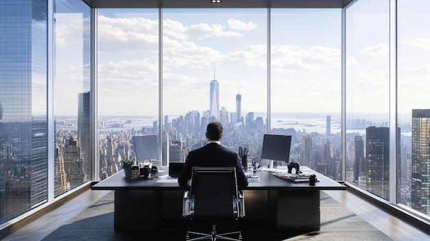 Businessman working at a desk overlooking a city skyline