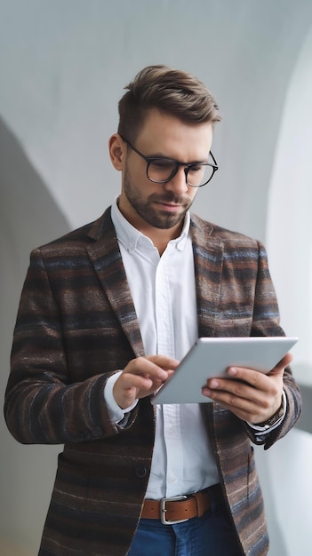 Businessman working on digital tablet looking busy standing over white background