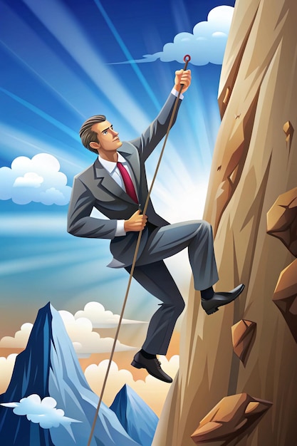 Photo businessman working hard and climbing mountain to achieve his goals