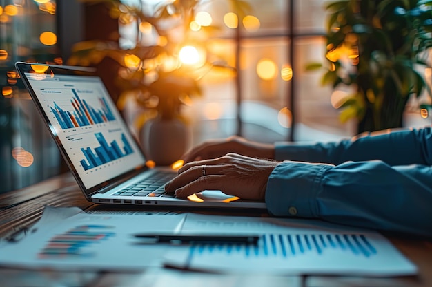 businessman working on laptop computer financial with graphic graph chart diagram AI Generated