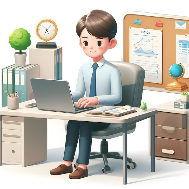 Businessman working on laptop computer in office 3d character cartoon