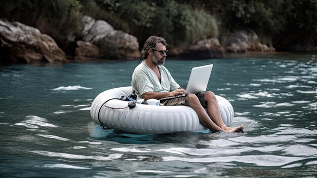 Photo businessman working on a laptop in an inflatable boat in the sea generative ai