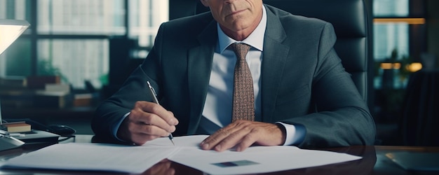 Businessman working on laptop in modern office Man in suit and tie sitting at desk and working with documents Business conceptgenerative ai