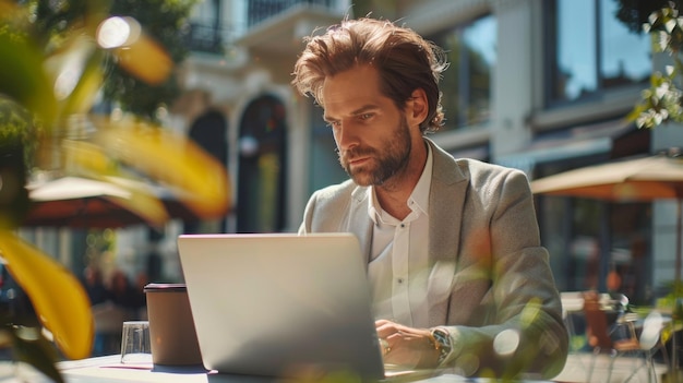 Businessman working on laptop in outdoor cafe