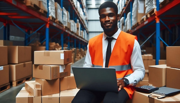 Businessman Working on laptop in warehouse