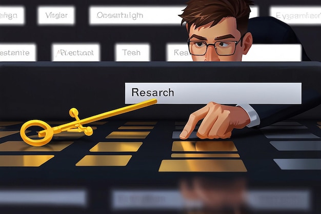 Photo businessman working on laptop with golden key on search bar keyword research concept