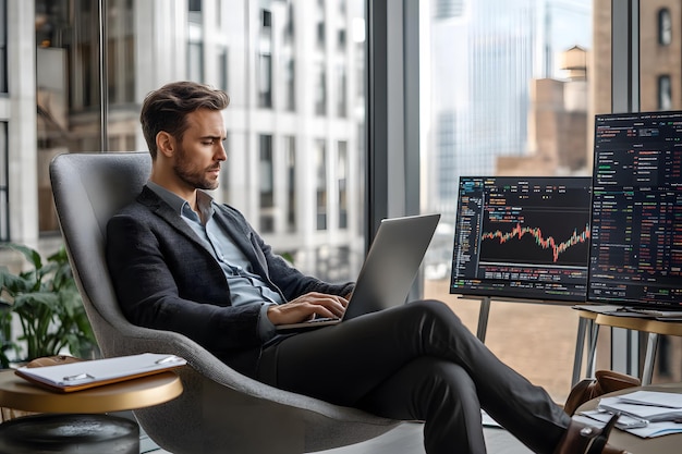 Businessman Working on Laptop with Stock Market Data on Monitors