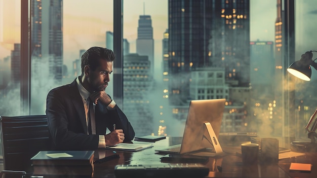 Businessman Working Late in a Cityscape Office