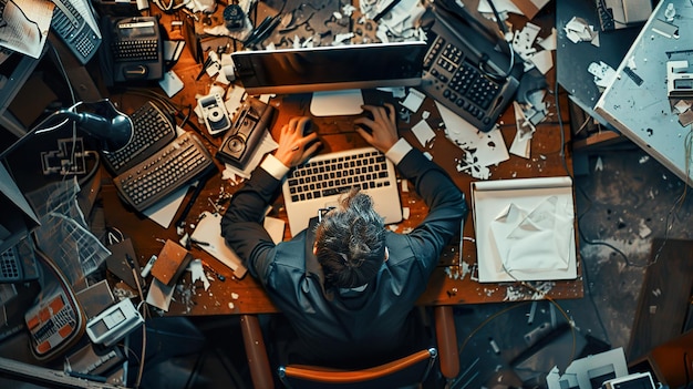 Photo a businessman working at a messy desk with many electronics looking overwhelmed