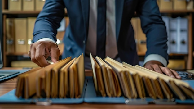 Photo a businessman working on a modern computer with a document management system dms