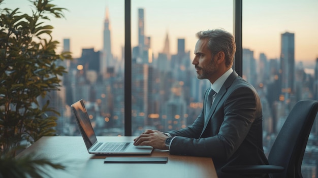 Businessman working in modern office with city skyline view