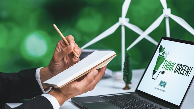 Photo businessman working in office developing plan on alternative energy gyre