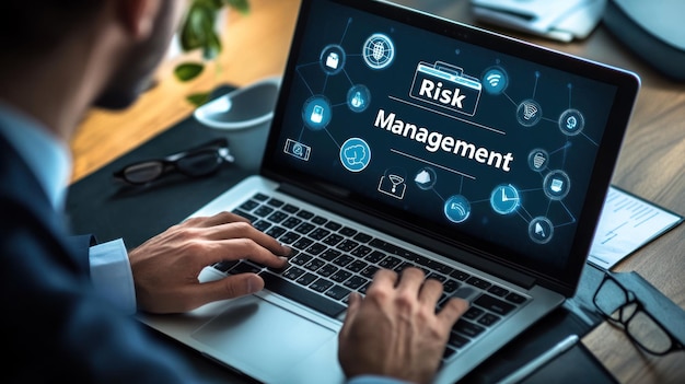 Photo businessman working on risk management strategy on laptop