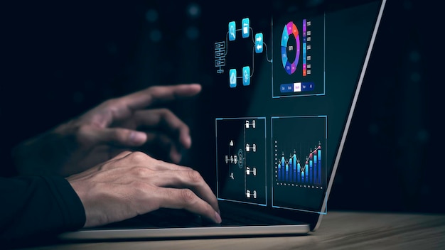 Businessman working with business Analytics and Data Management System on computer online document management and metrics connected to database Corporate strategy for finance operations sales