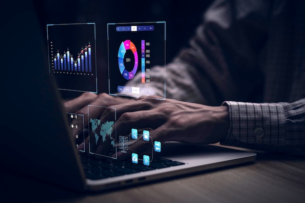 Businessman working with business Analytics and Data Management System on computer online document management and metrics connected to database Corporate strategy for finance operations salesx9