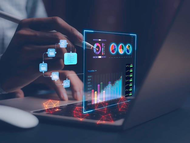 Businessman working with business Analytics and Data Management System on computer online document management and metrics connected to database Corporate strategy for finance operations salesx9