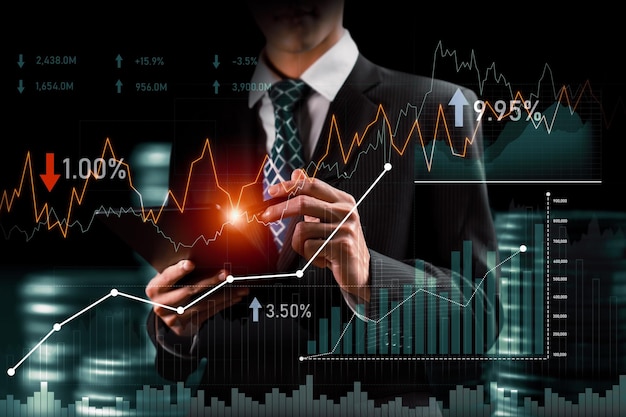 Businessman working with digital finance business graph of perceptive technology