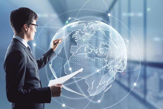 Photo businessman working with digital world map hologram networking and globalization concept