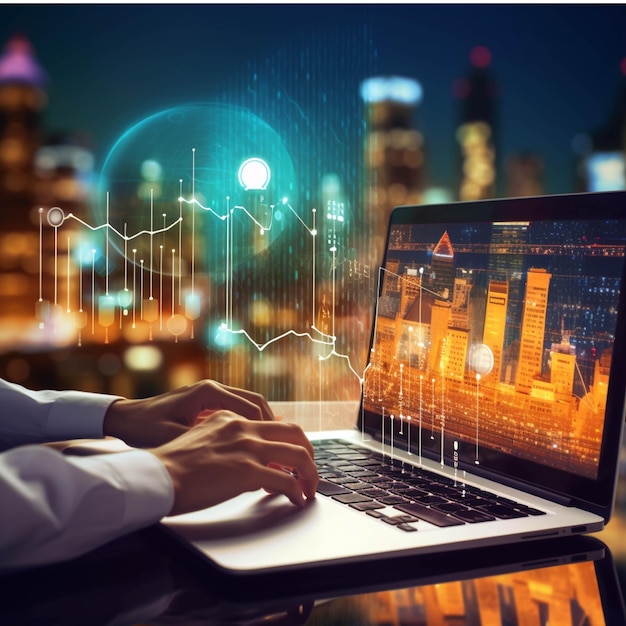 Businessman working with tablet in modern office with cityscape at night