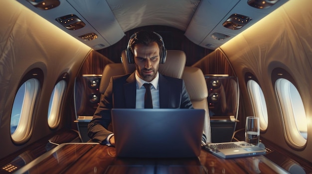 Businessman works in airplane cabin during flight