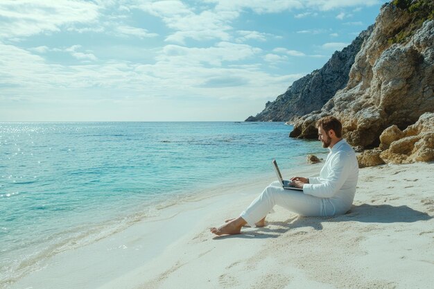 Photo a businessman works remotely on the beach emphasizing work life balance without days off