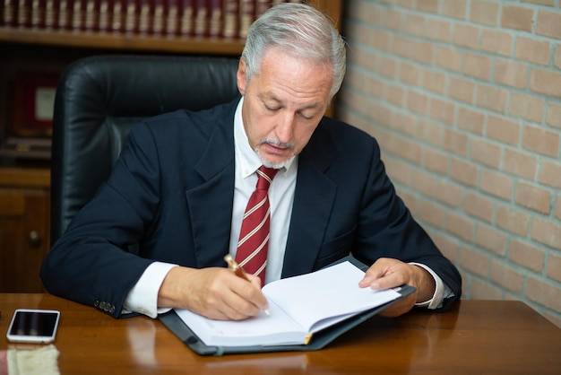 Businessman writing on his agenda in the office