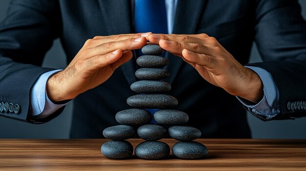 Photo businessmans hand carefully arranges zen stones into a pyramid on a desk symbolizing balance focu