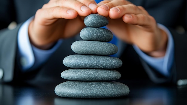 businessmans hand carefully arranges zen stones into a pyramid on a desk symbolizing balance focu