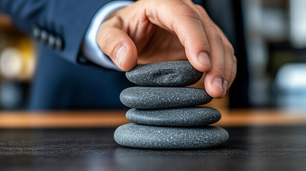 businessmans hand carefully arranges zen stones into a pyramid on a desk symbolizing balance focu